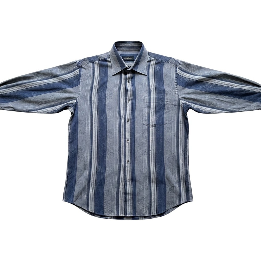 Bugatchi Uomo Mens Large Blue Grey Striped Floral Western Beachwear Button Shirt